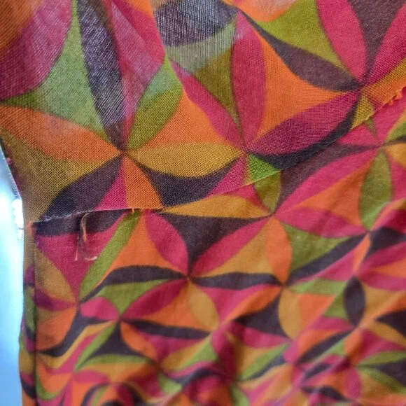 Vintage Jody of California 70s Orange Brown Green Geometric Mini Dress Flaws - Picture 13 of 14